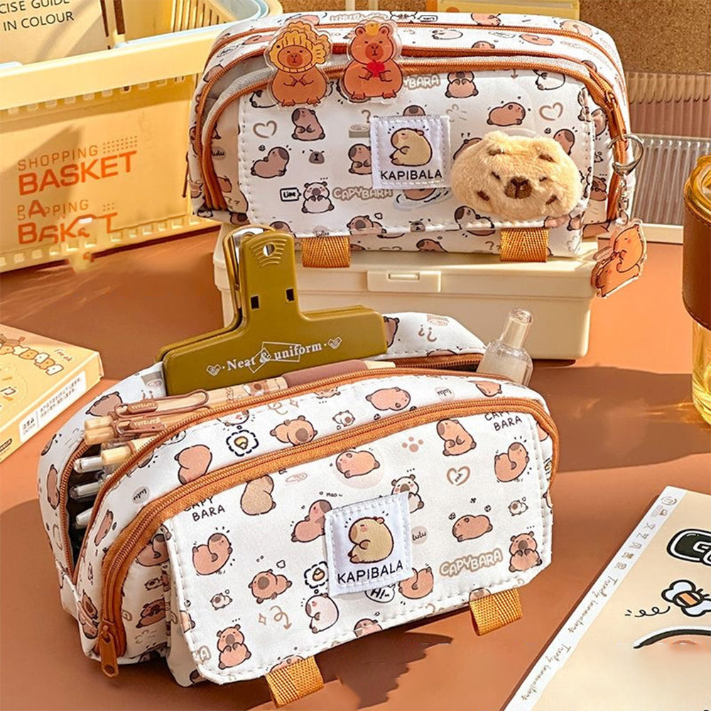 

Ins Capybara Four-Layer Large Capacity Pen Bag Cute Cartoon Pencil Case Stationery Organizer Storage