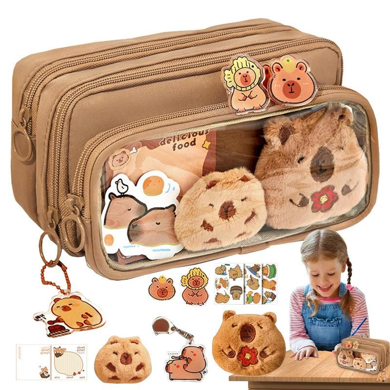 

Cartoon Capybara Pencil Case Large Capacity Pencil Pouch Zippers With Brooches Stickers Clips