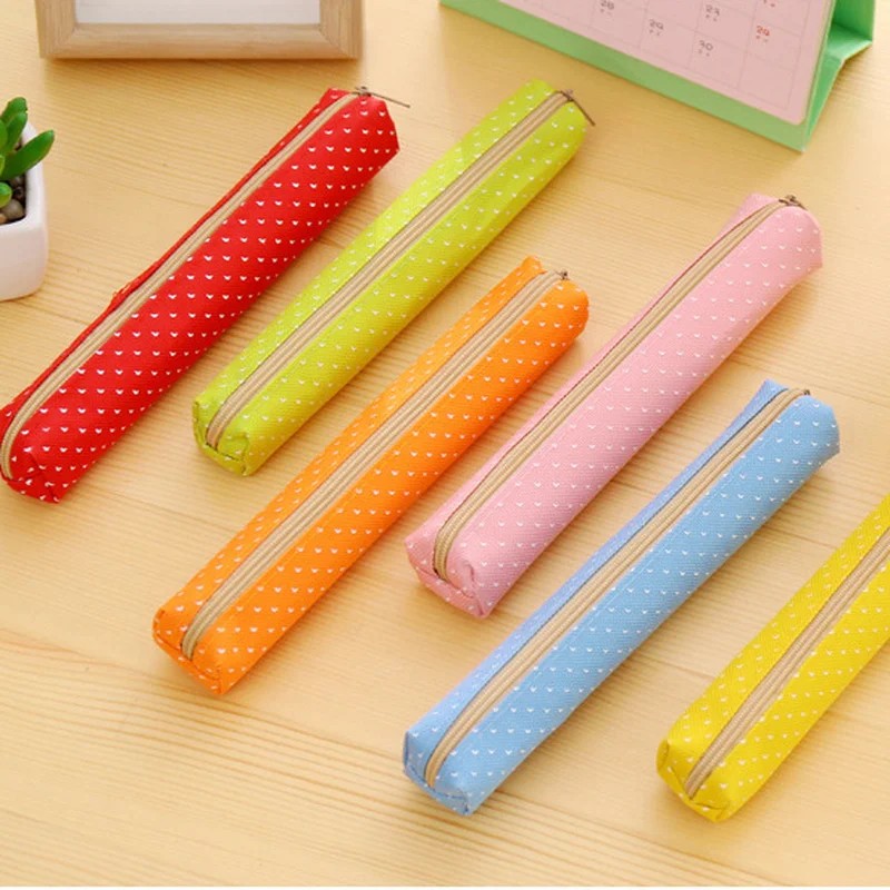 

Strip Shape Candy Color Pencil Case Bag Dots Canvas Pens Storage Bag Stationery Pouch For Kids Girls