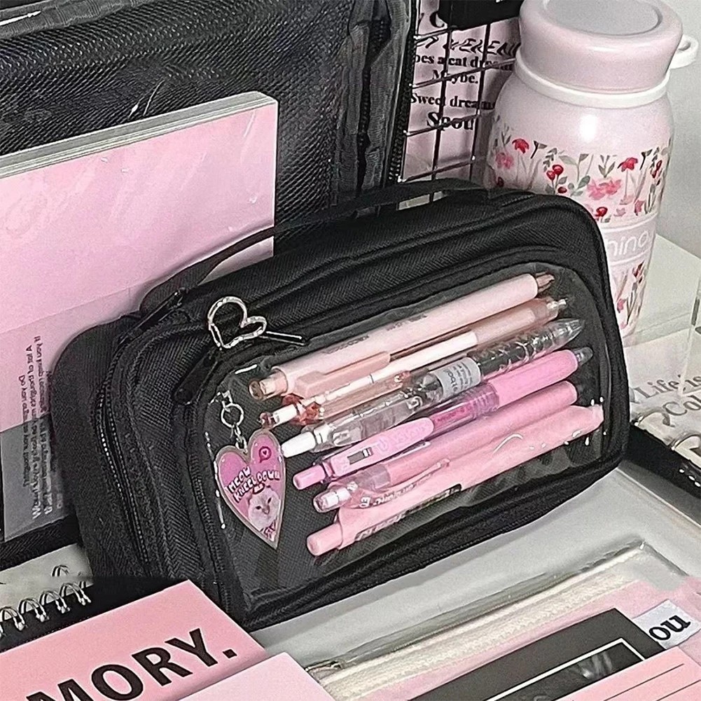 

Ins Large Capacity Transparent Visual Window Canvas Pencil Case Student Stationery Box Black College