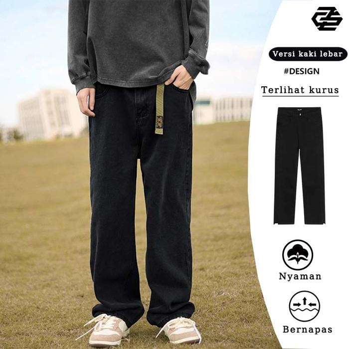 Wearon- Celana Jeans Hitam Unisex Jumbo Celana Korean Celana Jeans Pria Kulot Pria Lurus