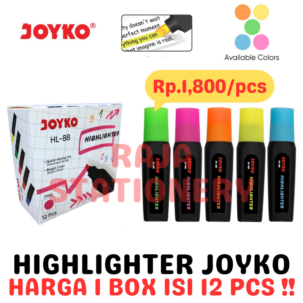 

JOYKO HIGHLIGHTER NEON COLOUR BLUE GREEN ORANGE PINK YELLOW PENANDA TULISAN JOYKO WARNA NEON BIRU HIJAU OREN PINK KUNING HL-88 LUSIN BOX [12PCS] - RAJA BIGBOX