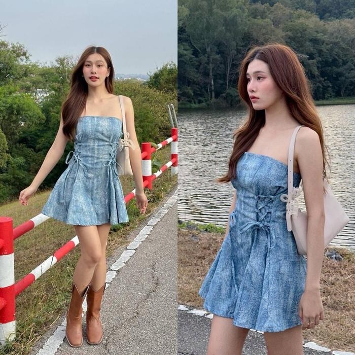 Blumjean- D1588 Saskia Korean Style Vintage Mini Dress Semi Jeans Tali Simple Polos Sabrina