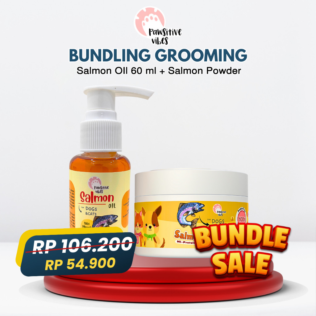 Pawsitive Vibes Bundling Grooming Minyak Salmon Murni 100% untuk Anjing Kucing + Salmon Powder Bubuk