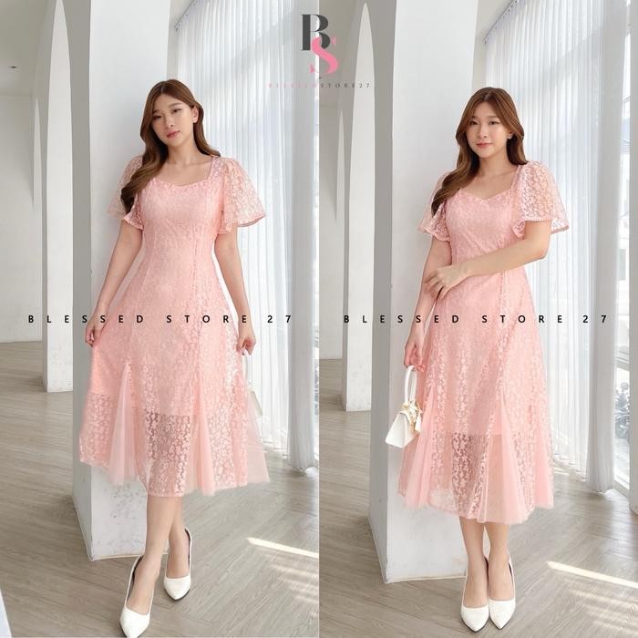 Fleesa- [Ada Size Jumbo] D1474 Habrah Korean Style Lace Brocade Vintage Midi Dress Dinner