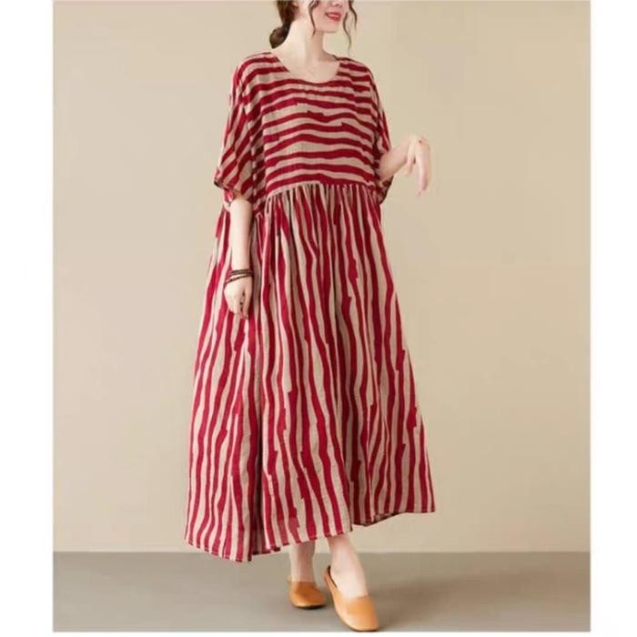 Fleesa- [Basica Moda] 79003 Gaun Dress Wanita Zevania Loose Salur Katun Linen