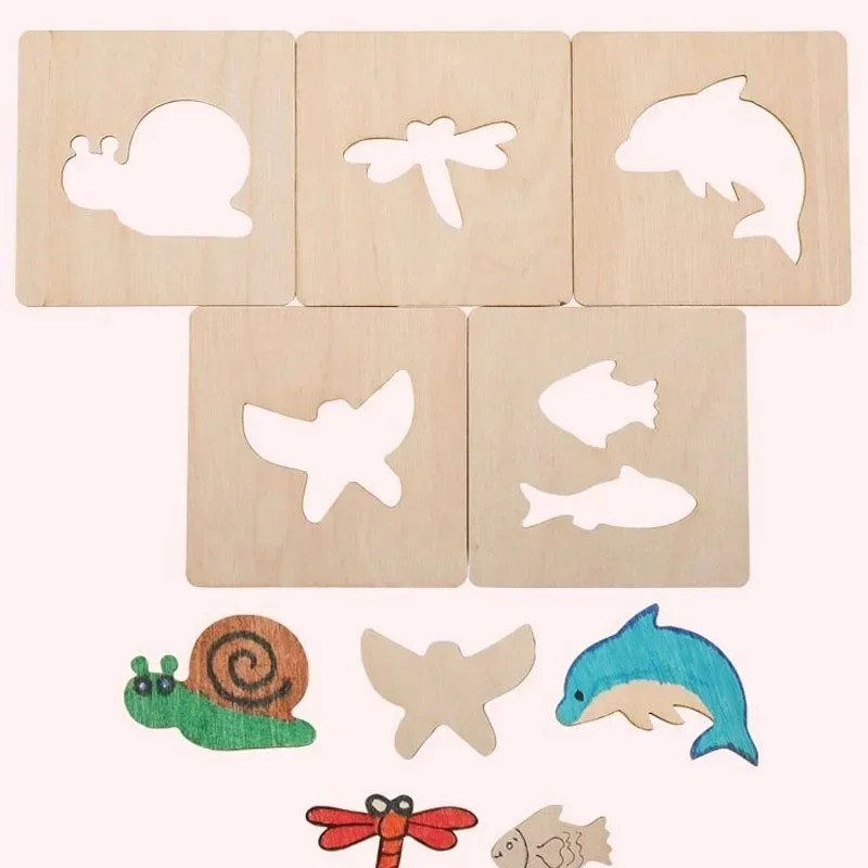 

20Pcs Montessori Kids Drawing Toys Wooden Diy Painting Stencils Template Craft Toys Puzzle