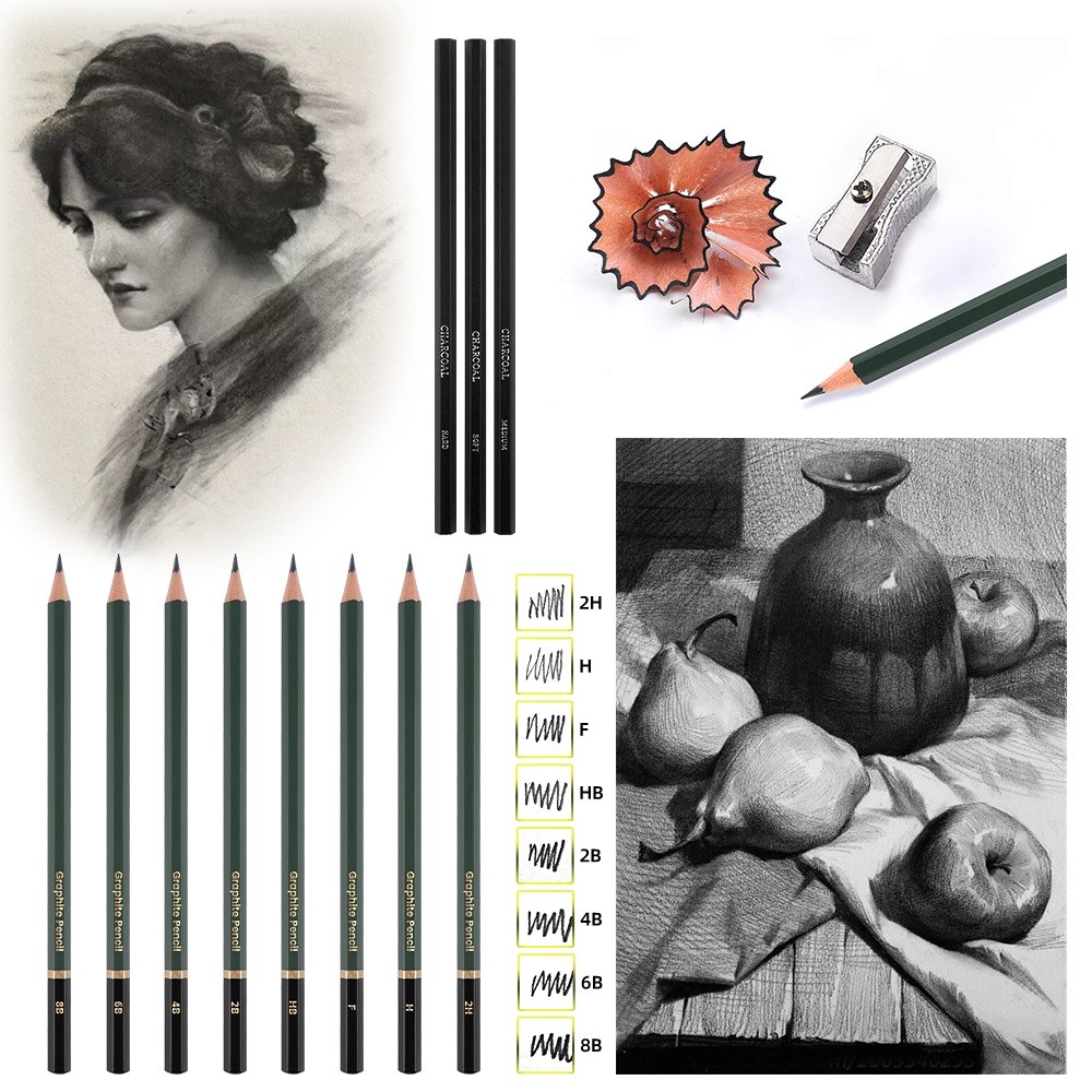 

19-Piece Sketching Drawing Art Set For Students Includes Woodless Graphite Charcoal Pencils Erasers