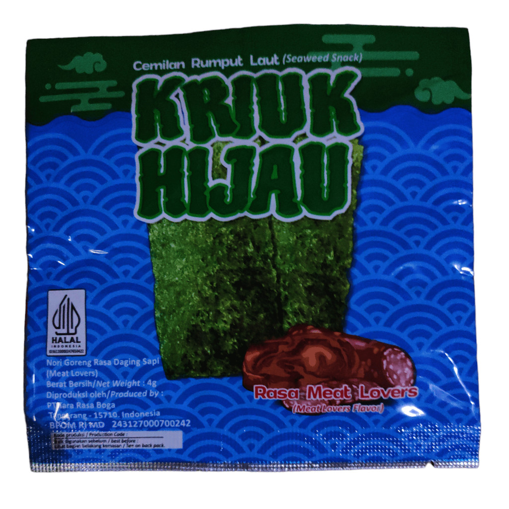 

Rumput Laut Kriuk Hijau 1 Box isi 12 Sachet