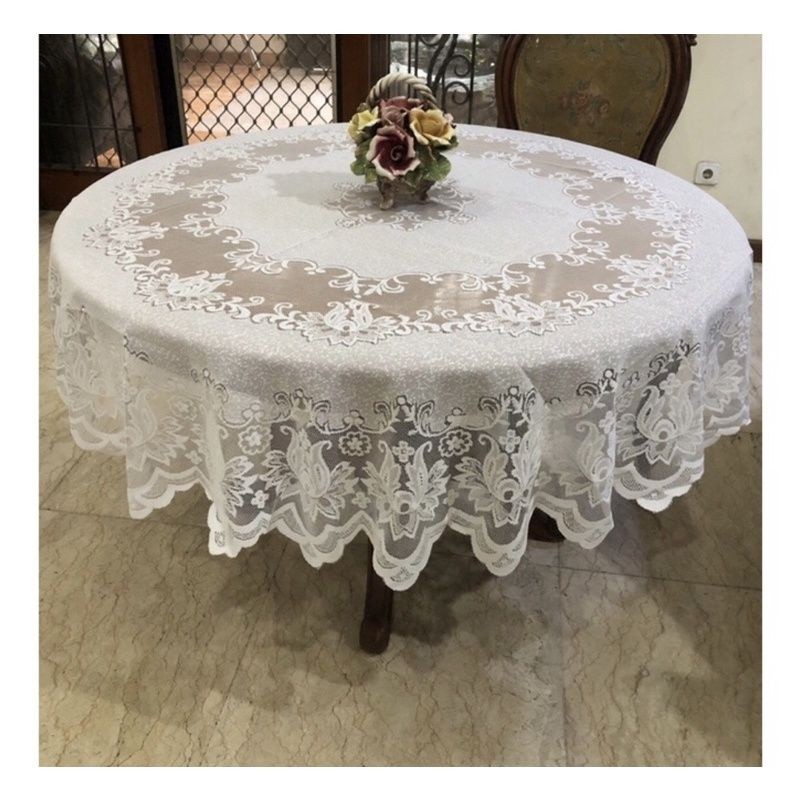 TAPLAK MEJA MAKAN BULAT/BUNDAR UNTUK 6 KURSI POLYESTER RENDA CLASSIC