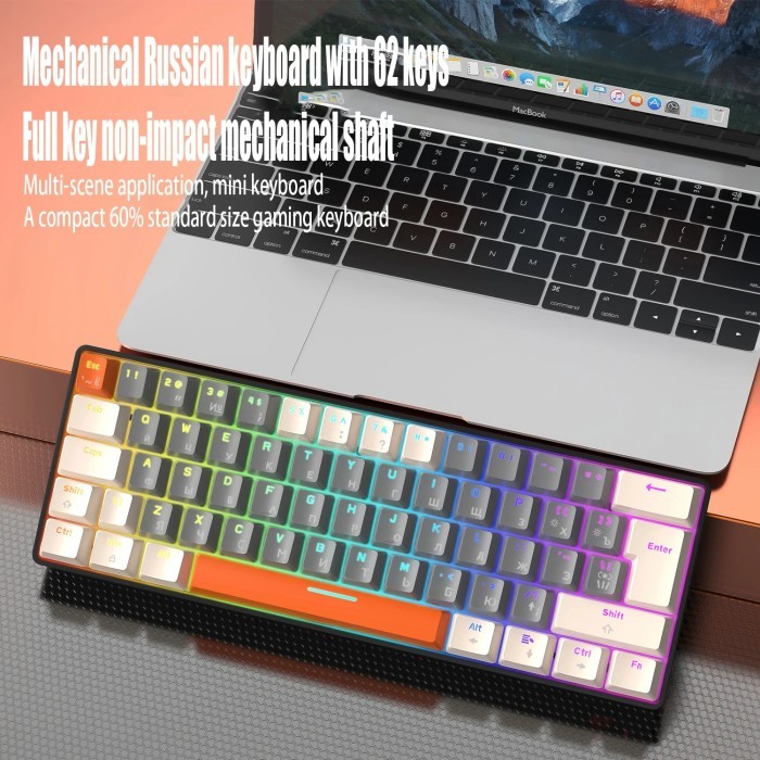T60 Russian/En Mini Gaming Mechanical Keyboard 62 Keys RGB Type-C