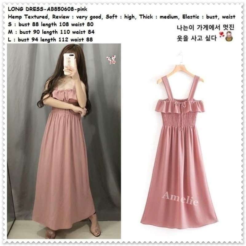 AB8506 Long Dress Midi Wanita Gaun Pesta Malam Korea Import Pink *