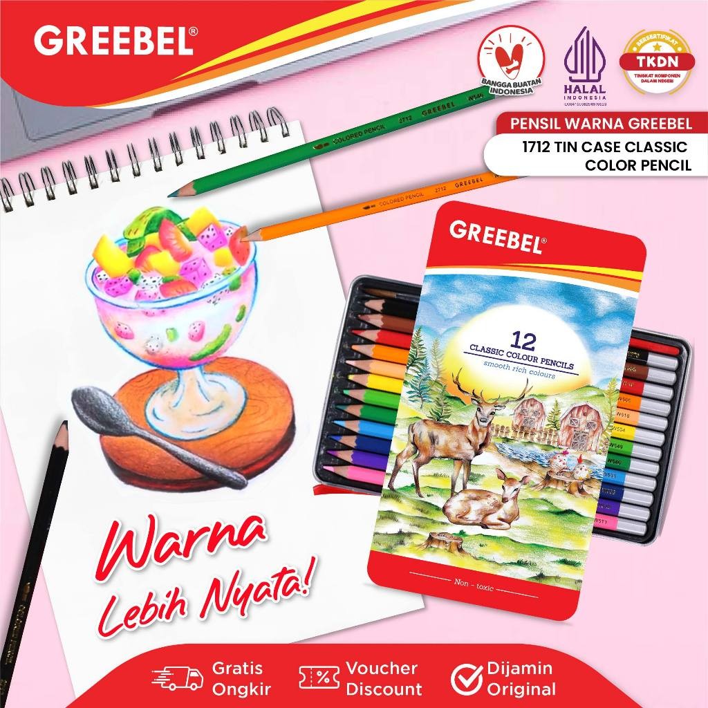 

GREEBEL Pensil Warna / Warna Cerah / Bahan Kuat GREEBEL / GREEBEL 1712 Classic Color Pencil Tin Case / Kerajaan Alat Tulis