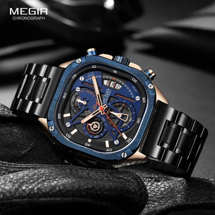 MEGIR Stainless Steel Quartz Watch Men Square Dial Chronograph