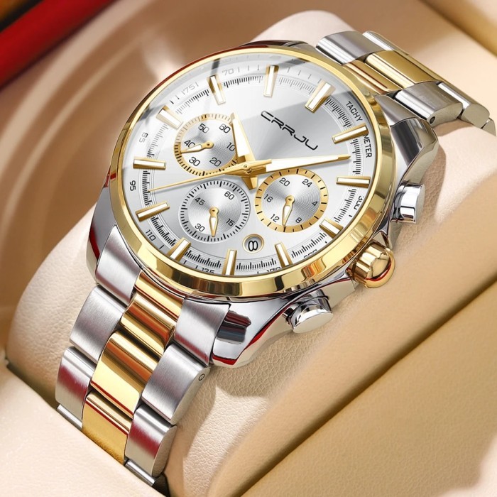 AAAAA+ CRRJU Brand Golden Watches Men's Business Casual Chronograph