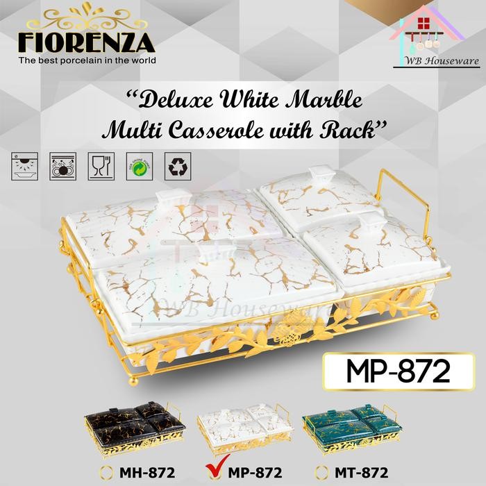 Fiorenza Prasmanan Segi Kombinasi Isi 4 Motif White Marble + Tutup + Rak Porcelain Cerac / Peralatan