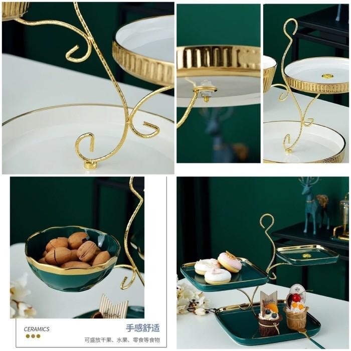 Cerac Dessert Serving Plate / Tier Cake 3 Susun / Tempat Kue 3 Susun Gold Kitenware