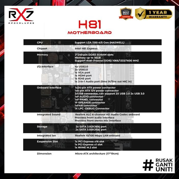MOTHERBOARD RX7 H81 LGA 1150 DDR3 MAINBOARD H81 SUPPORT NVME