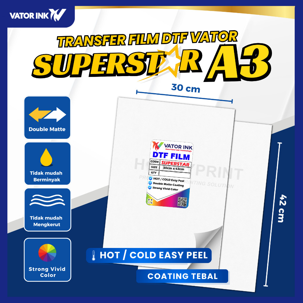 

PET FILM DTF A3 VATOR SUPERSTAR A3 30cm x 42cm Sablon DTF Tinta DTF