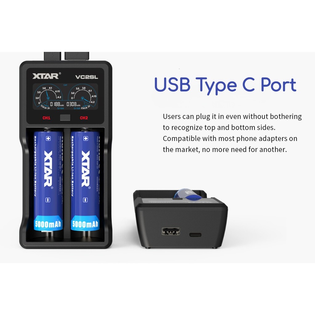 XTAR Charger Baterai 2 Slot AA AAA 18650 Li-Ion Ni-MH LCD Power Bank - VC2SL
