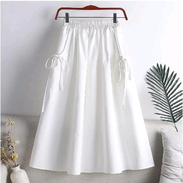 Rok Wanita Korea Style Rok Pinggang Karet Panjang Bawahan Saku Tali - Putih Hitam - Dewasa, Remaja