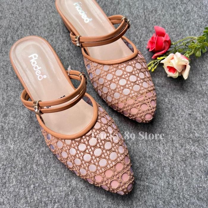 Fladeo Sandal Wanita Brukat Hak 3Cm Shoes Sendal Selop