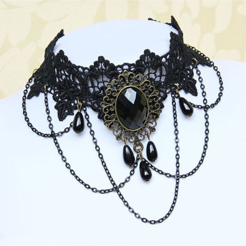Beaded Bloom Kalung Etnik Gothic Choker Kain Renda Lace Necklace Gothic Punk Rock