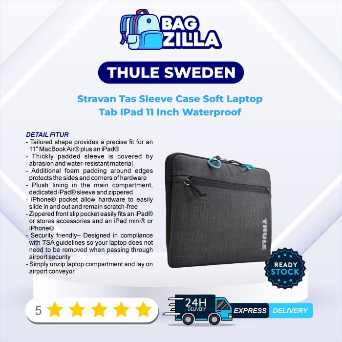Stok Baru THULE SWEDEN Stravan Tas Sleeve Case Soft Laptop Tab IPad 11 Inch Waterproof
