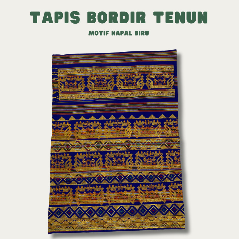 Kain Tapis bordir lampung bahan tenun 3 tingkat - Motif kapal biru