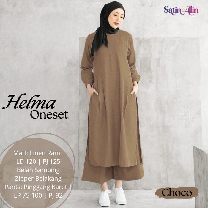 PREMIUM Helma One Set Jumbo Setelan Kulot Tunik Choco LD 120 Linen Rami Premium Realpict Original