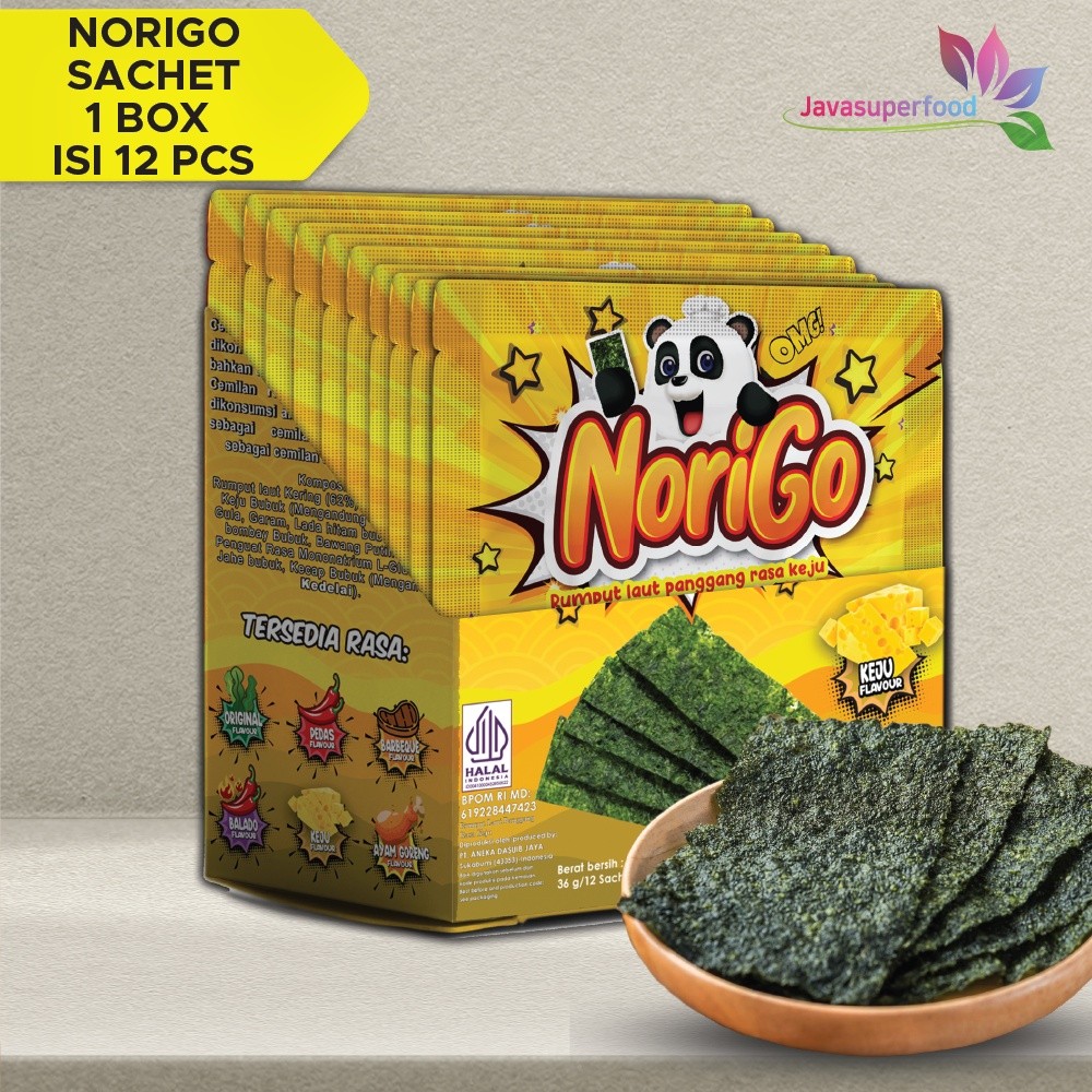 

[Halal] Norigo Cemilan (1 BOX ISI 12 PCS) / Nori Sachet Seaweed Snack 3g / Rumput Laut Rasa Keju