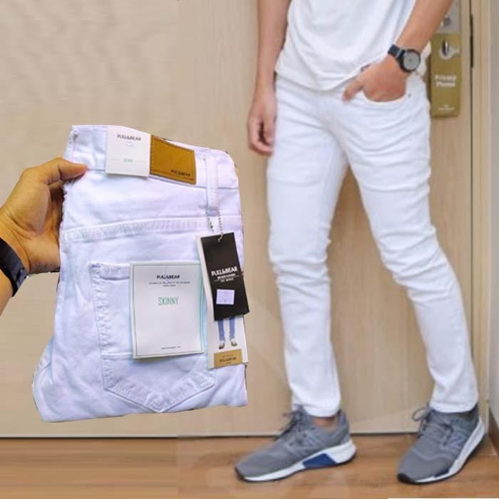 TERLARIS Celana Skinny jeans pria panjang putih bersih Pull & Bear Stretch Denim Pensil Soft - Putih