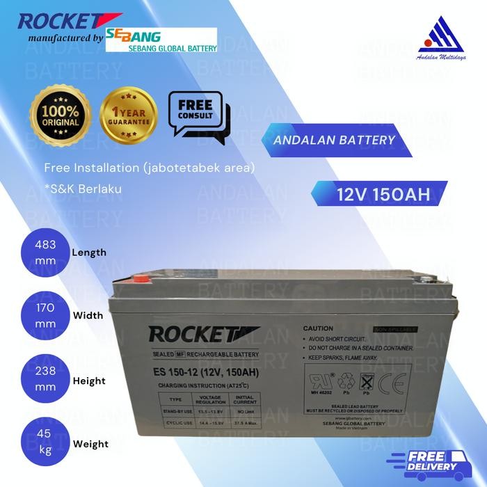 Baterai UPS Rocket ES 12V 150Ah Batere Aki Kering 12V 150Ah