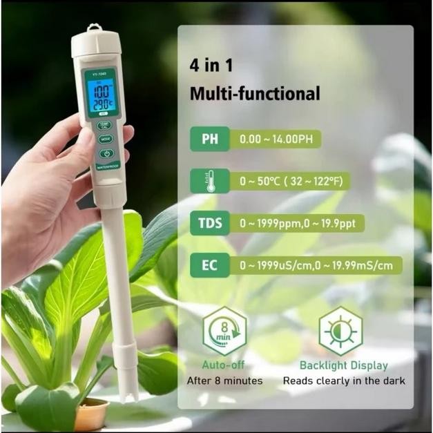 Alat Ukur pH TDS EC Suhu Air Digital 4 in 1 Thermometer Nutrisi Air Hidroponik Aquarium Kolam Renang