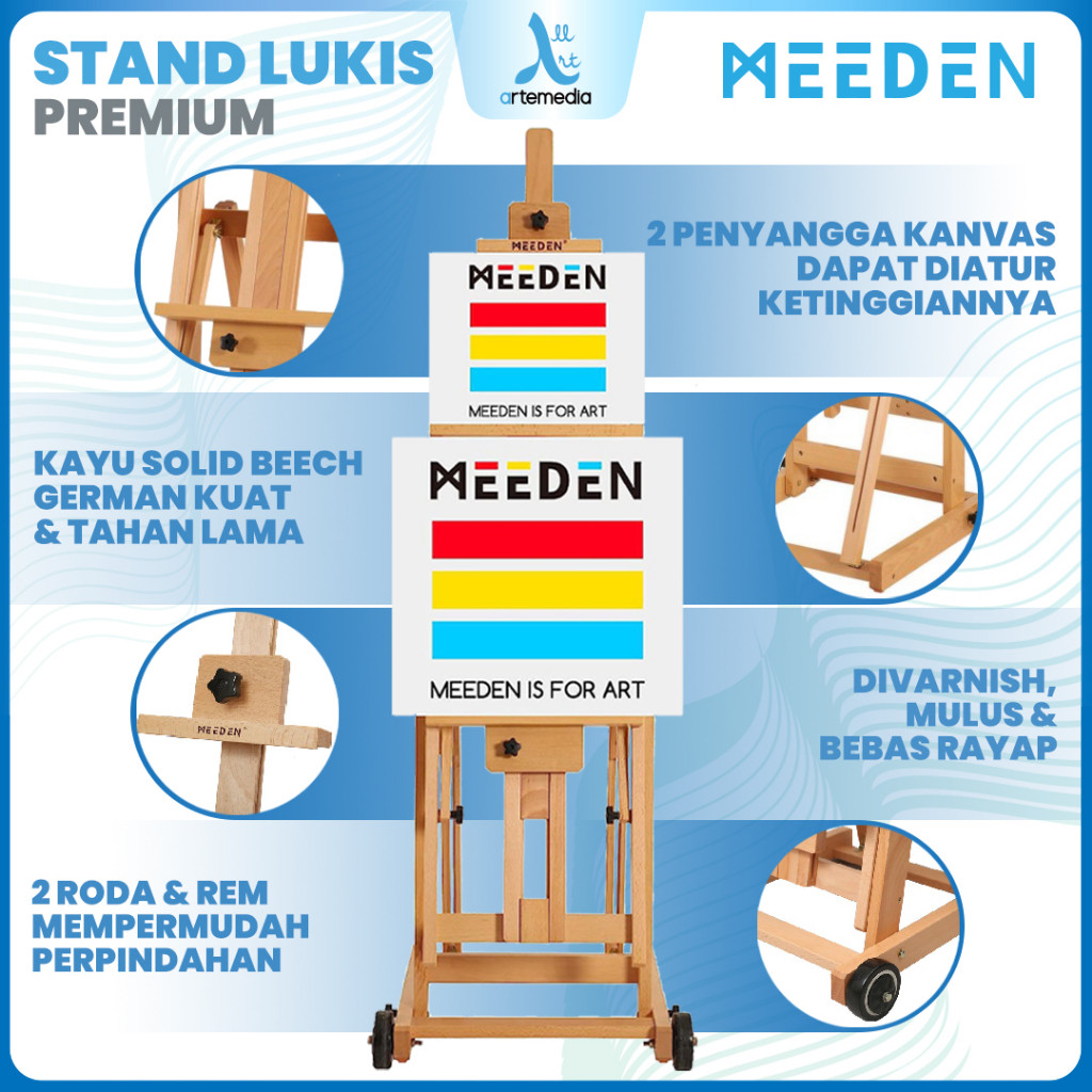 

LINDU Meeden Movable Easel H-Frame Versatile Studio 2 Canvas Solid Wood Stand Lukis