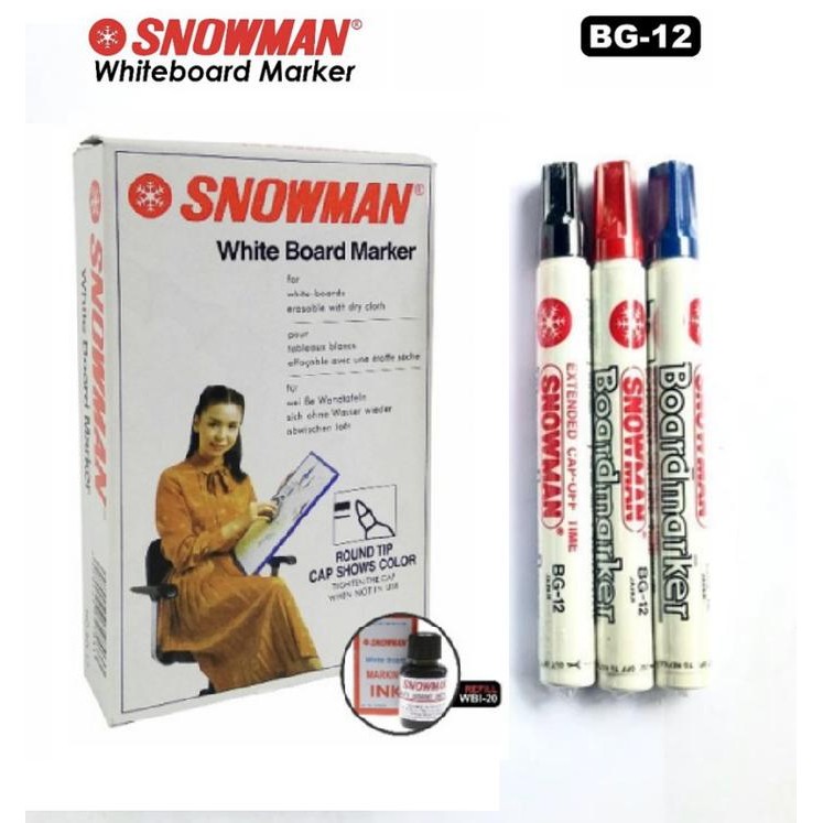 

Ready JT Spidol Whiteboard Papan Tulis Snowman BG-12 Marker WARNA HITAM, BIRU, MERAH (BISA DIHAPUS)