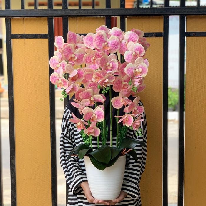 JTTOP" ANGGREK LATEX JUMBO 5 CABANG POT PHIRUS PLASTIK BUNGA VAS LATEX