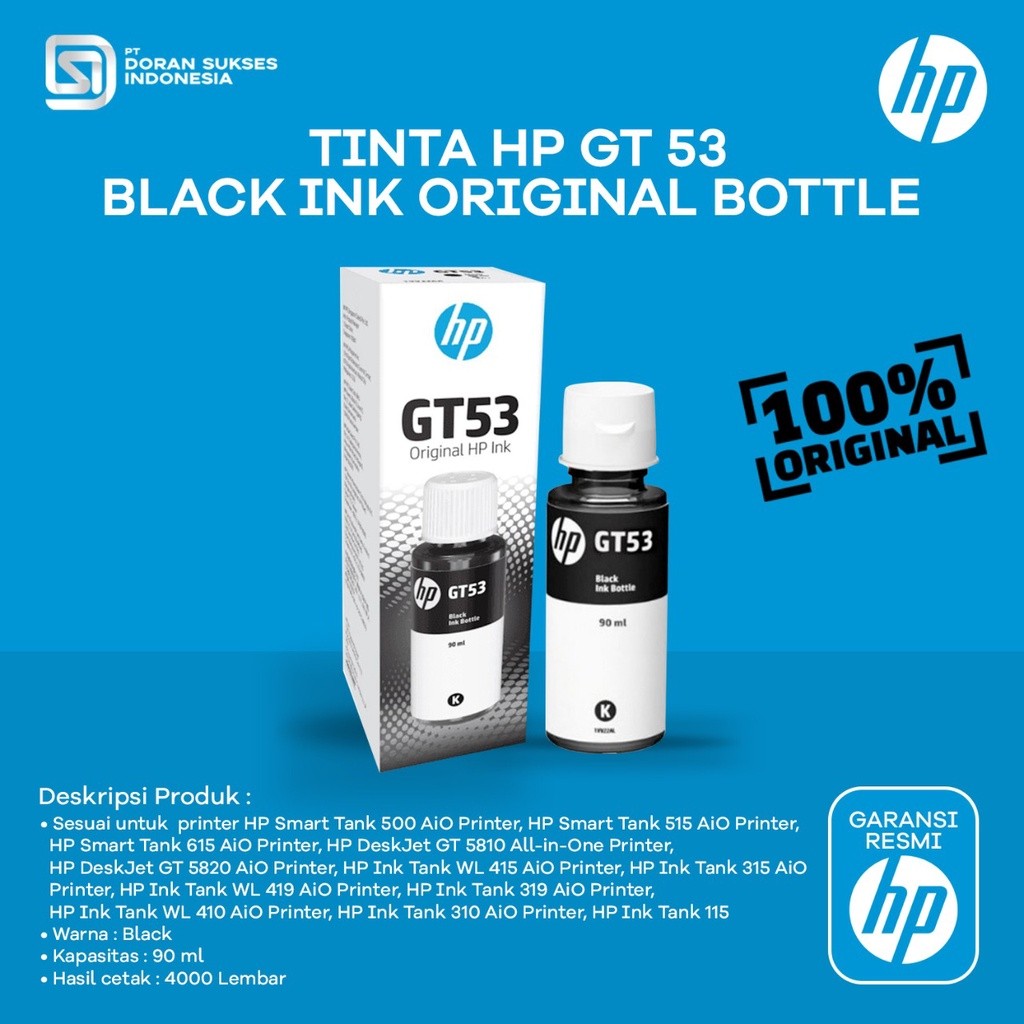 Rill Tinta Printer HP GT53 GT-53 GT 53 Black