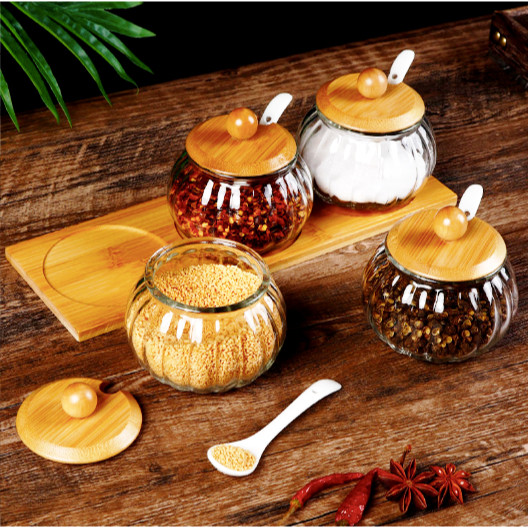 BULAT LABU Tempat Bumbu Unik Toples Kaca Wadah Kayu isi 3 tempat bumbu + 1 wadah kayu Set Tempat