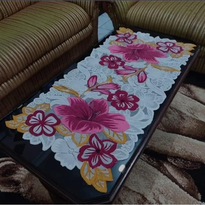 TAPLAK MEJA RUANG TAMU / TAPLAK MEJA TAMU MINIMALIS / TAPLAK MOTIF BUNGA BESAR Taplak Meja Rajut