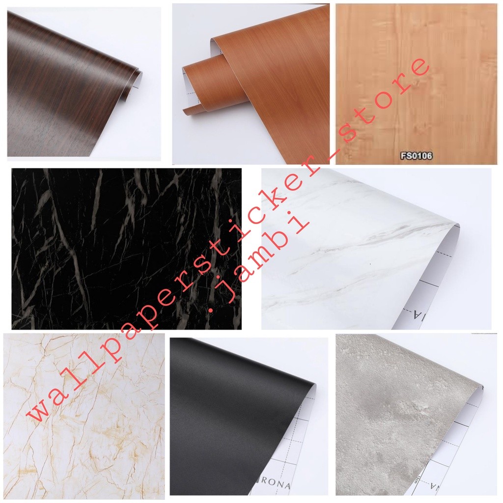 WALLSTICKER KHUSUS MEJA PINTU LEMARI MOTIF MARMER POLOS DAN KAYU PENGGANTI HPL MERK RONA PVC SHEET