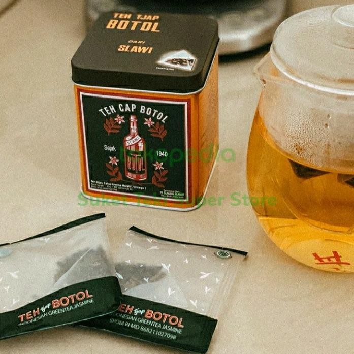 

Teh Tjap Botol Greentea Jasmine VINTAGE Premium kaleng isi 20 Celup
