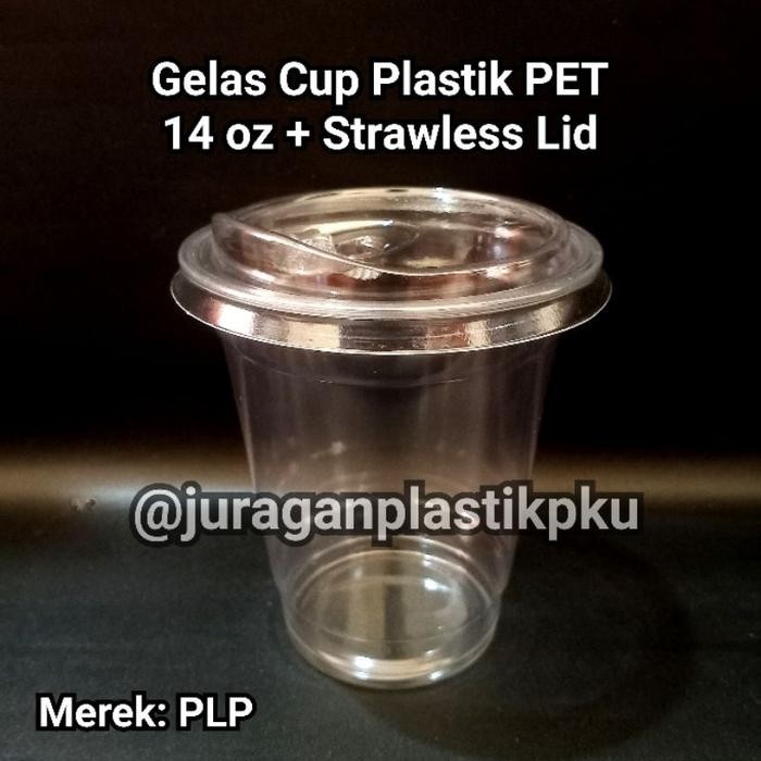 Gelas Cup Plastik PET 14 oz + Strawless Lid Bening isi 50 pcs Tutup Tanpa Sedotan Straw Less