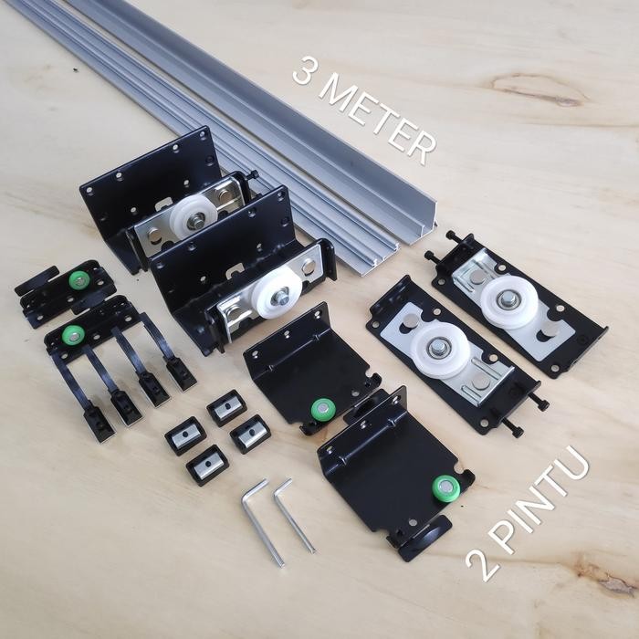 PREMIUM Set Roda Gantung Pintu Sliding Geser Lemari Roda 2 Pintu Rel 3 Meter