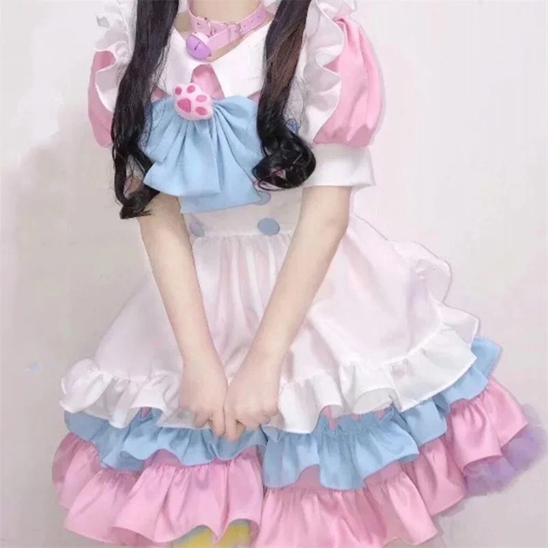 Kawaii Lolita Anime Maid Outfit Pink + Blue Cosplay Maid Outfit Lolita Skirt Costume Cute Japanese
