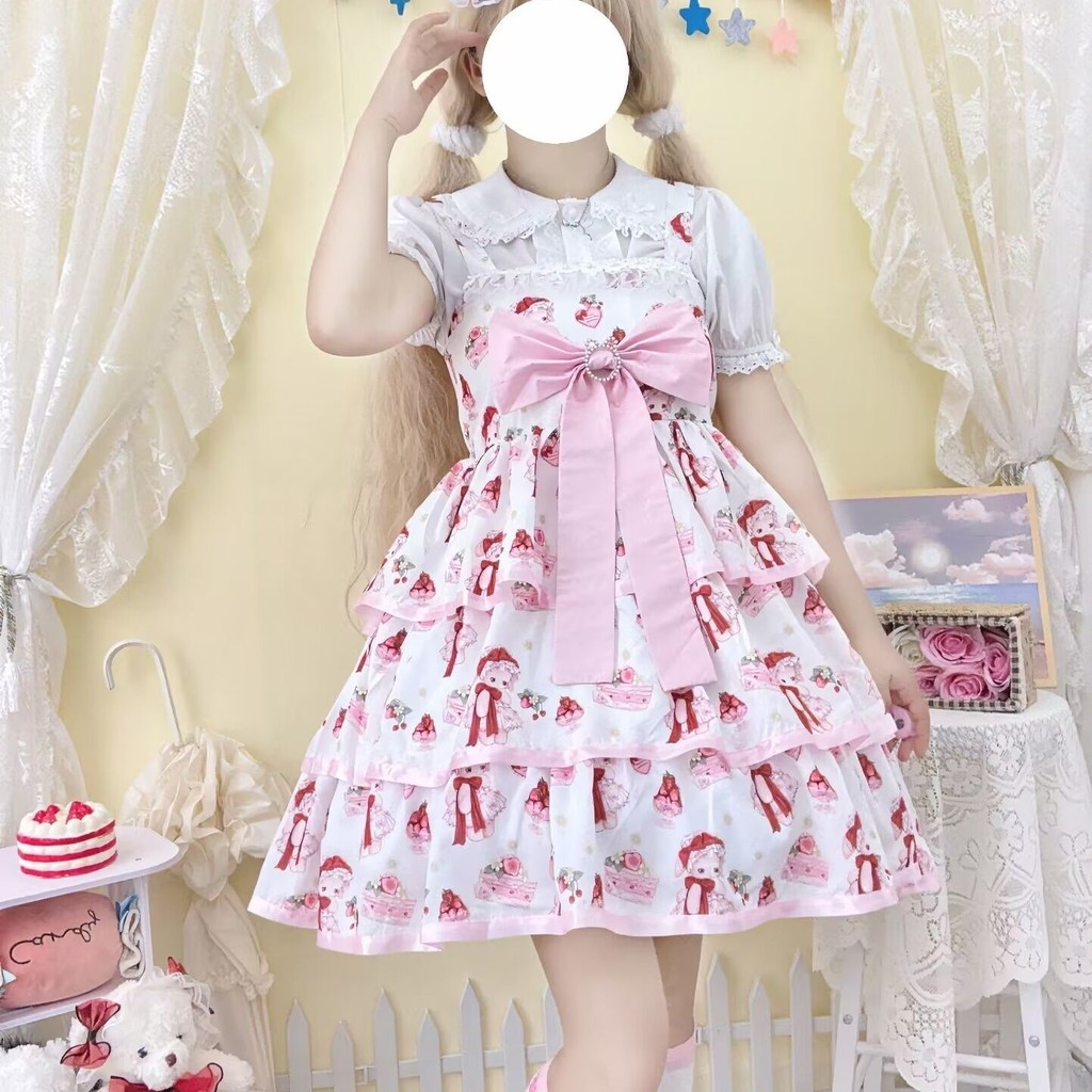 Kawaii Cartoon Bunny Lolita Jsk Dress Girl Dress Ruffles Sweet Jsk Cute Sleeveless Cosplay Princess