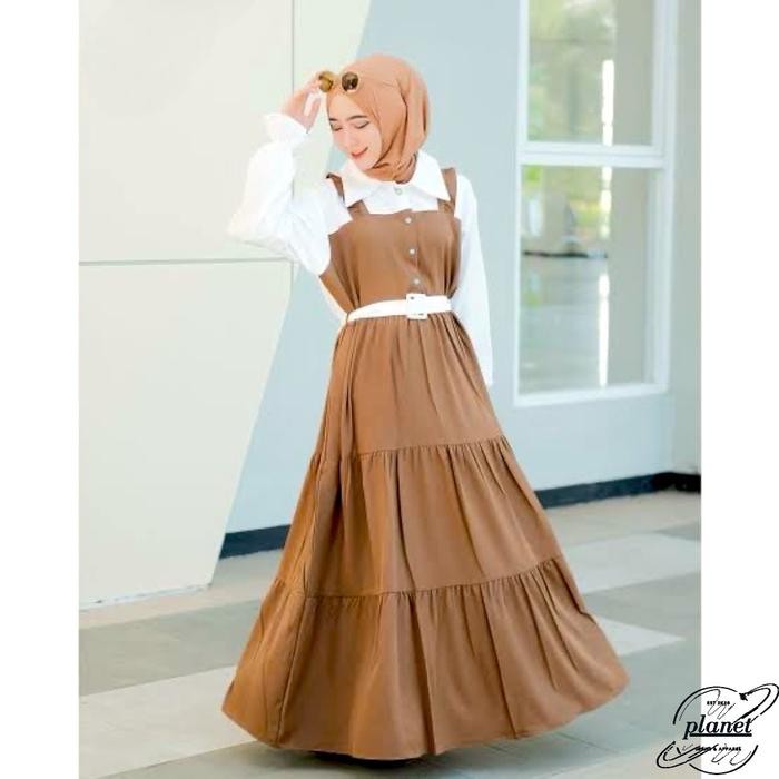 Gamis Overall Dress Gamis Wanita Kekinian Muslim Jumpsuit Baju Buat Lebaran 2025 Korean Style Hitam
