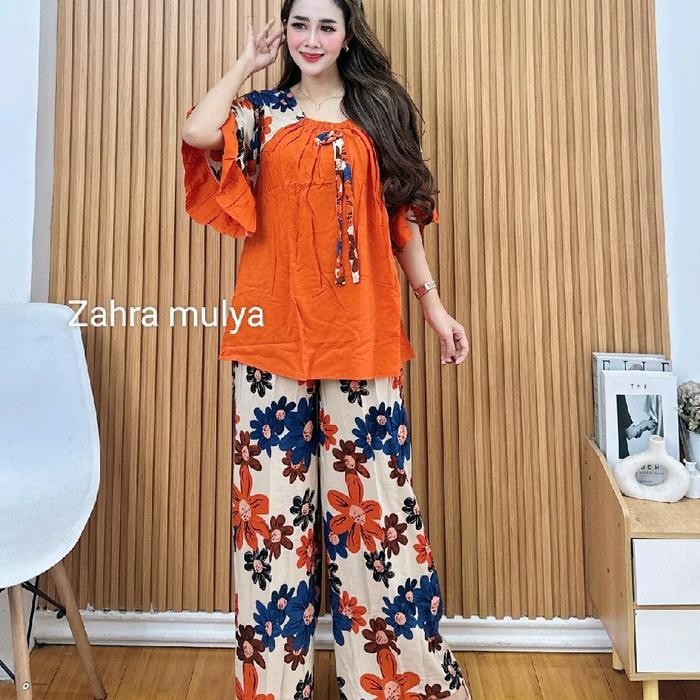Setelan Rayon Kekinian 2025 One Set Bunga Setelan Zahra Celana Nyaman Panjang Santai Baju Wanita
