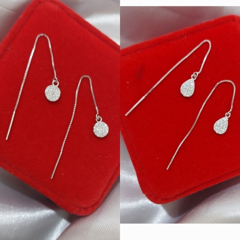 Anting Tusuk Jarum Panjang Perak Asli 925 Lapis Emas Putih - Anti Karat - Perhiasan Wanita