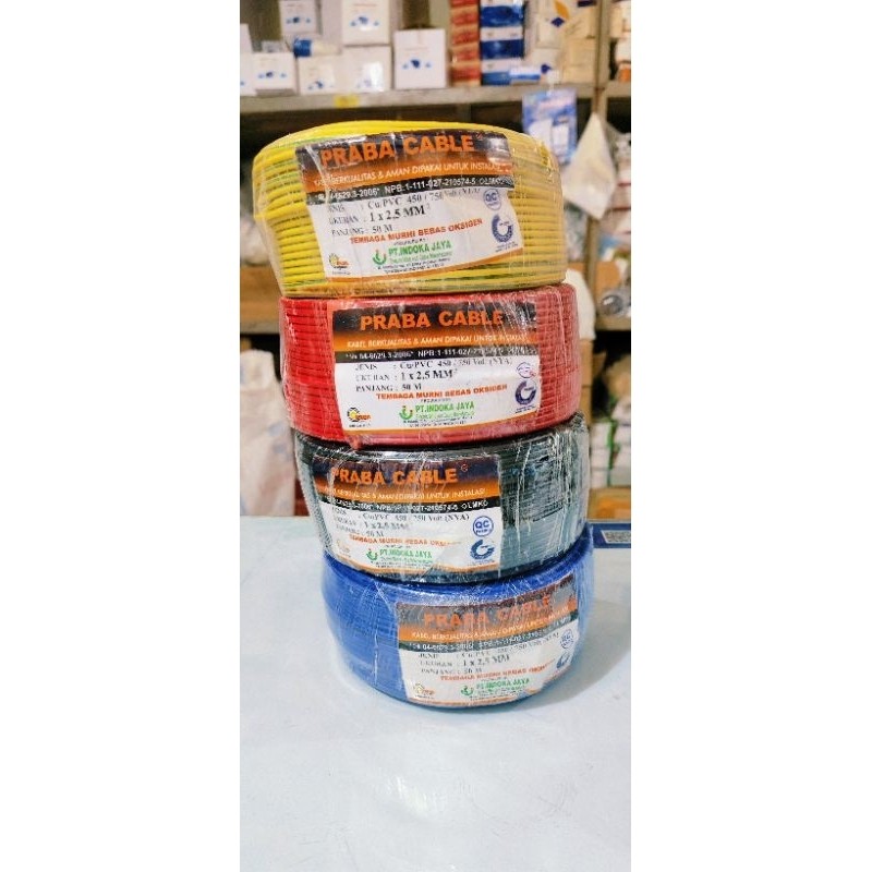 Bottom top - kabel Praba listrik NYA tebal 1x2,5 mm praba tunggal 50 meter (merah. hitam. kuning.